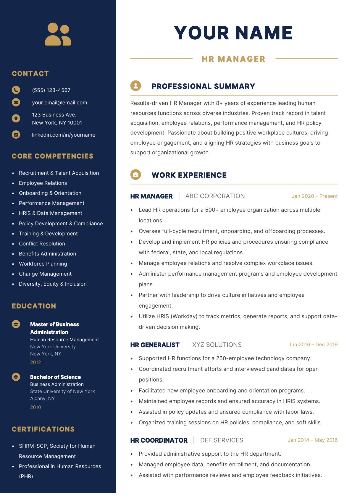 HR Manager resume template preview