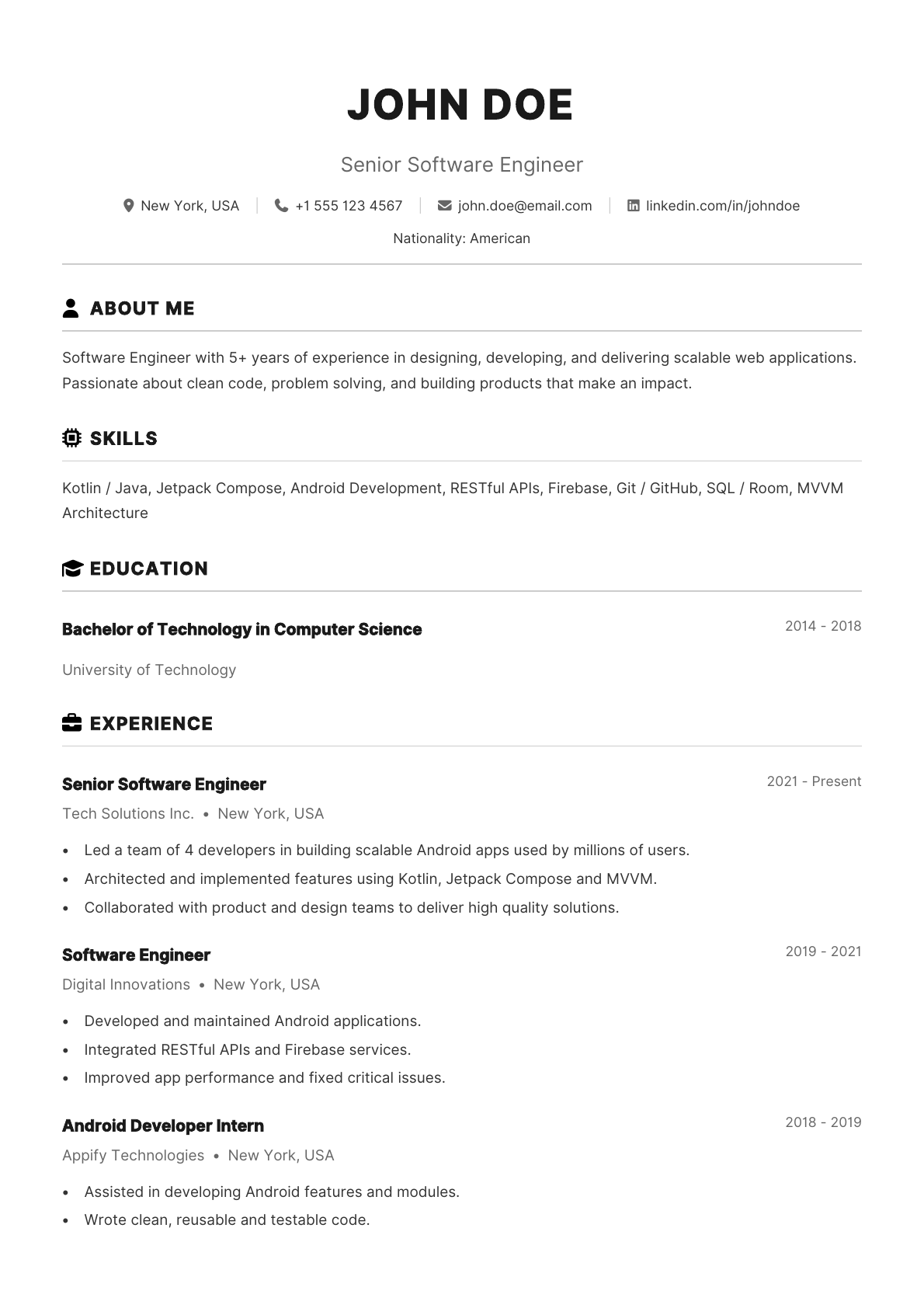 Software Engineer resume template preview